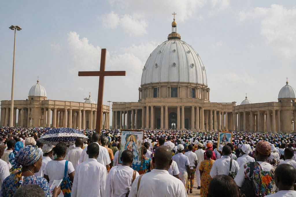Pèlerinage à la basilique Notre-Dame de la Paix de Yamoussoukro, Côte d’Ivoire, lieu majeur de rassemblement spirituel en Afrique de l’Ouest.